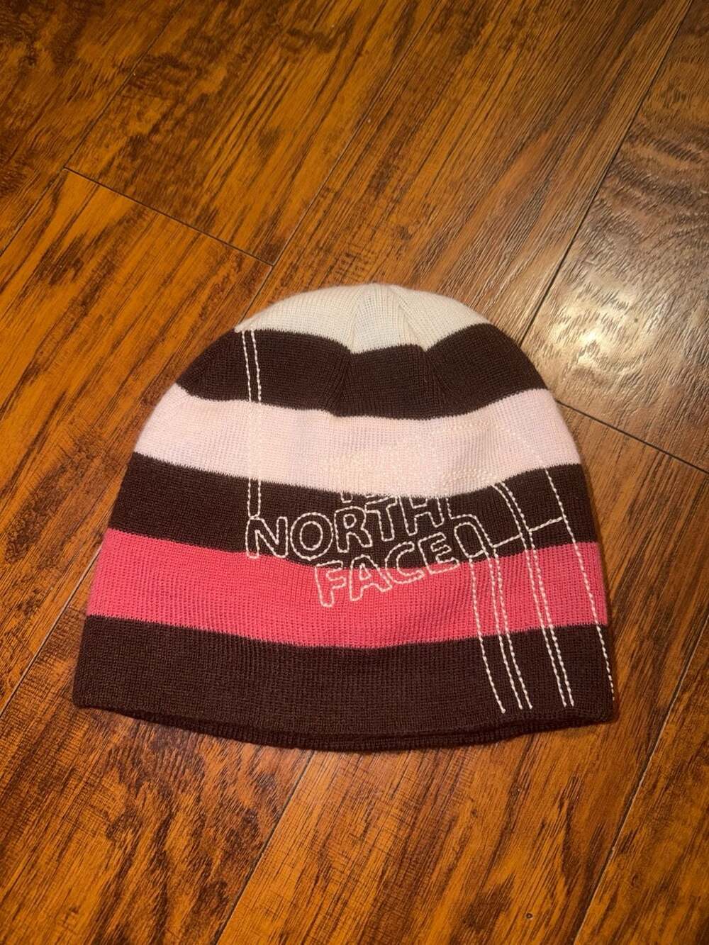 The North Face Striped Brown Pink Ivory Knit Beanie Hat One Size